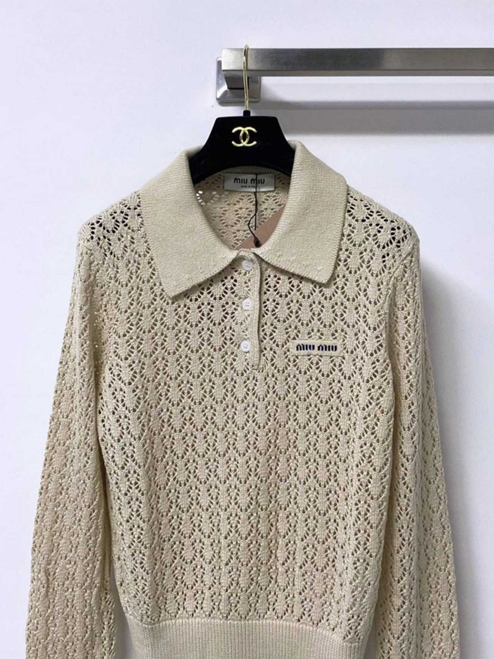 Miu Miu Cream Open‑Knit Cropped Polo Knit Blouse - Picture 2 of 5